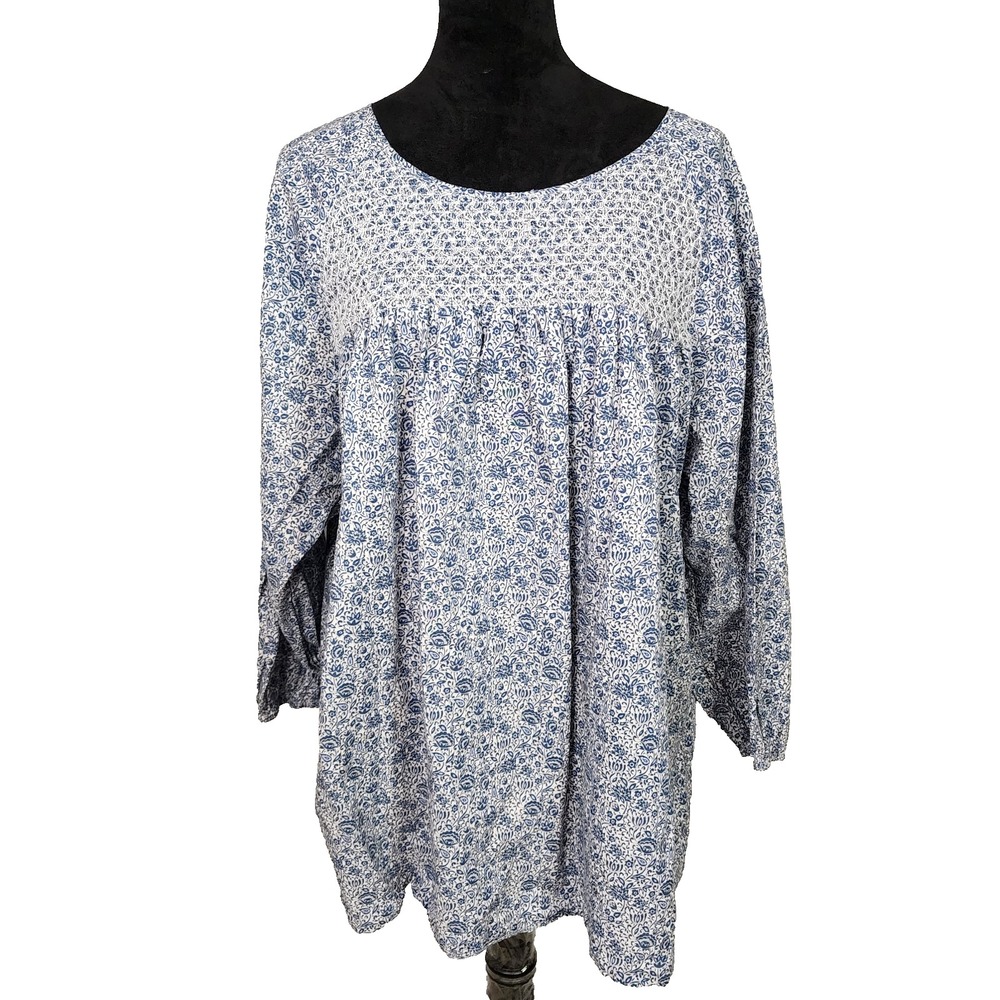 GRAND & GREENE Size 1X Sustainable Blue Floral Smocked Yoke Boho Cotton Blouse